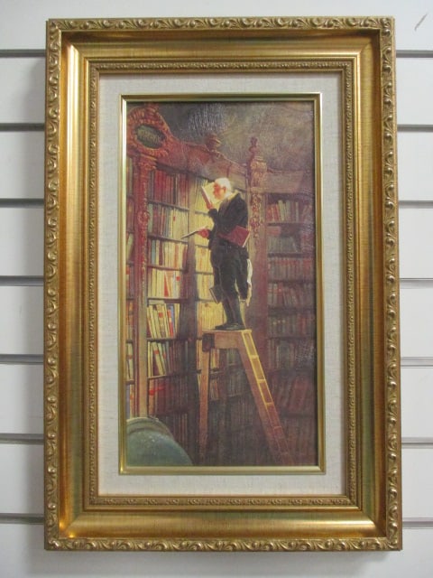 Framed Carl Spitzweg "The Bookworm" Reproduction Print on Board: 13" x 19 1/2", has lacquered texturing