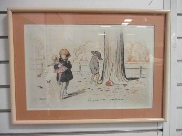 Framed and Matted Georges Redon "Ce que c'est practique!" Lithograph Print: 19 1/4" x 13 3/4", title translation from French "What is Practical!"