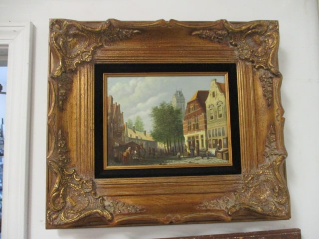 Framed Lively Dutch Street Scene in Style of Koekkock Reproduction Canvas Artwork: 22 1/4" x 19 1/2"