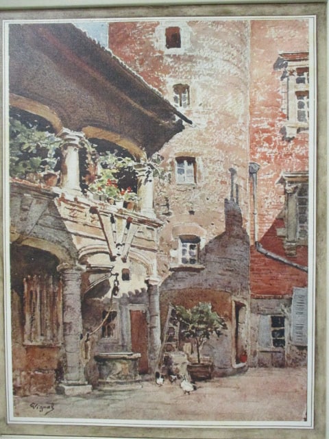 Framed "Chickens in the Courtyard of the Chateau" Attributed to Suzanne Vincent Print on Canvas - 2