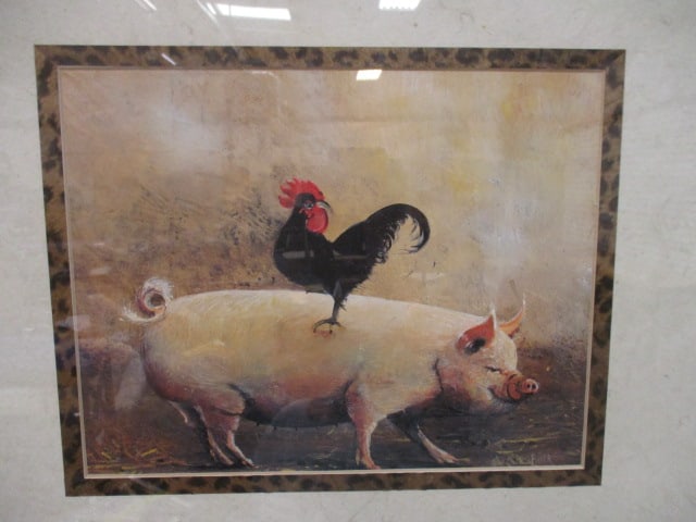 Framed and Matted Sally Caldwell Fisher "Rooster Riding Pig" Print - 2