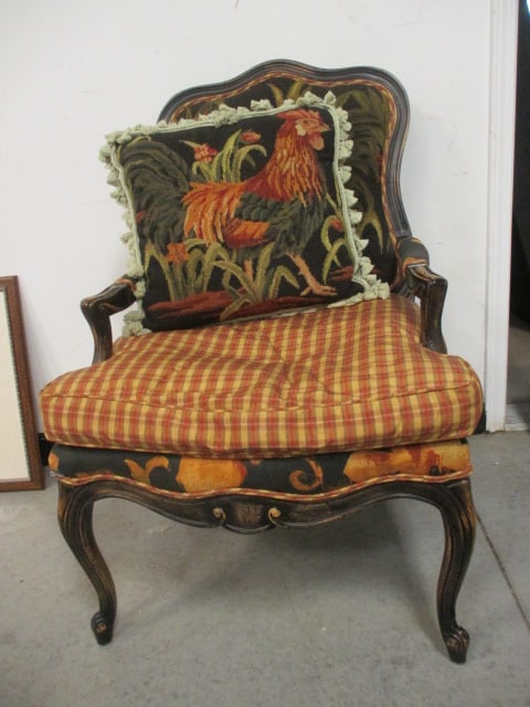French Country Style Carved Wood Armchair with Rooster Needlepoint Back (1 of 8)