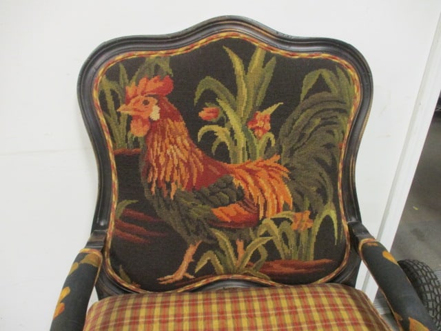 French Country Style Carved Wood Armchair with Rooster Needlepoint Back - 2