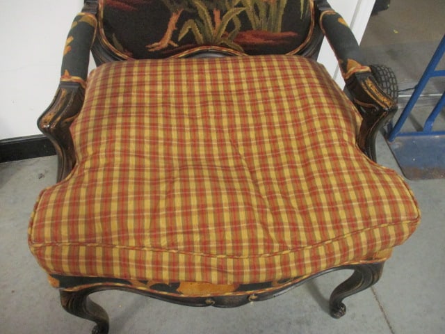 French Country Style Carved Wood Armchair with Rooster Needlepoint Back - 3