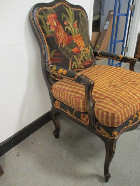 French Country Style Carved Wood Armchair with Rooster Needlepoint Back - 5