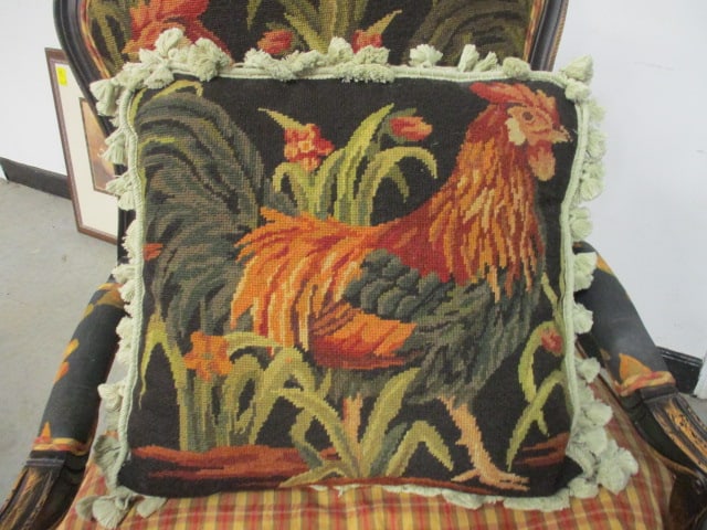 French Country Style Carved Wood Armchair with Rooster Needlepoint Back - 8
