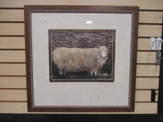 Framed and Matted Sally Caldwell Fisher "Sheep and Cat" Print: 24 3/4" x 23 1/2"