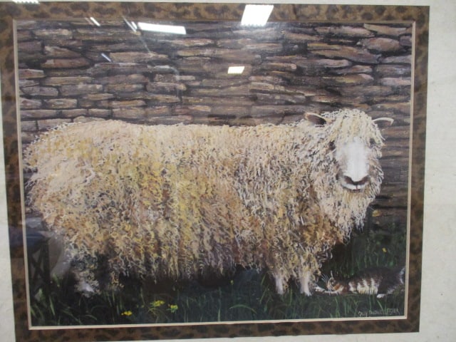 Framed and Matted Sally Caldwell Fisher "Sheep and Cat" Print - 2