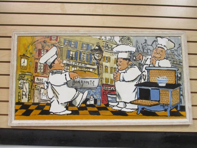 "Bon Appetit!" Whimsical Chefs Culinary Painting on Board in the Style of Guy Buffett: 40" x 21 1/4", see pictures and preview for artist signature, Local Pickup Suggested
