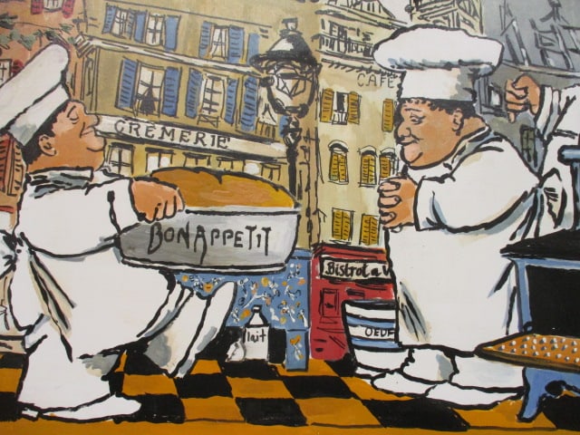 "Bon Appetit!" Whimsical Chefs Culinary Painting on Board in the Style of Guy Buffett - 3