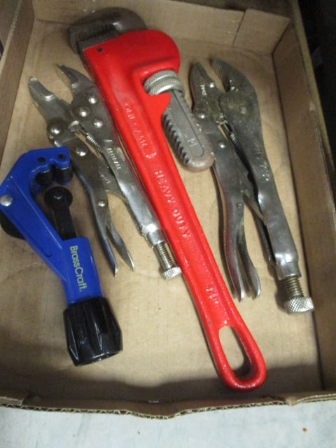 Omega 14" Adjustable Pipe Wrench, BrassCraft Pipe Cutter and Two Pair of Locking Pliers (1 of 3)
