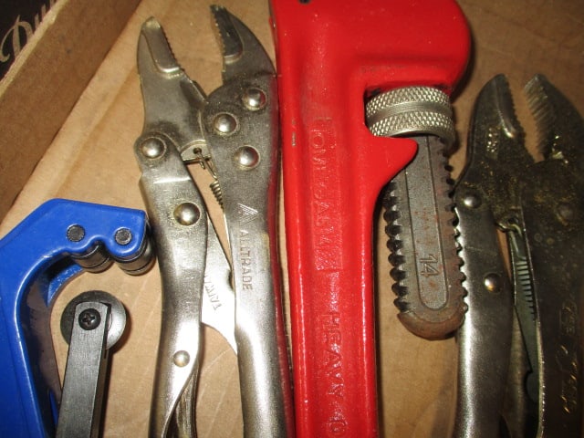 Omega 14" Adjustable Pipe Wrench, BrassCraft Pipe Cutter and Two Pair of Locking Pliers - 2