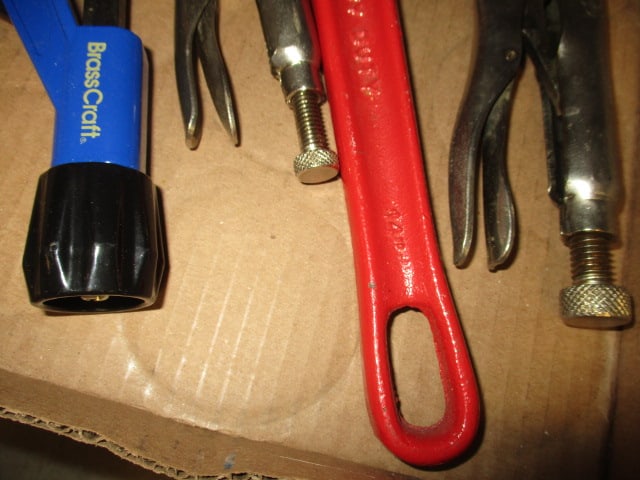 Omega 14" Adjustable Pipe Wrench, BrassCraft Pipe Cutter and Two Pair of Locking Pliers - 3