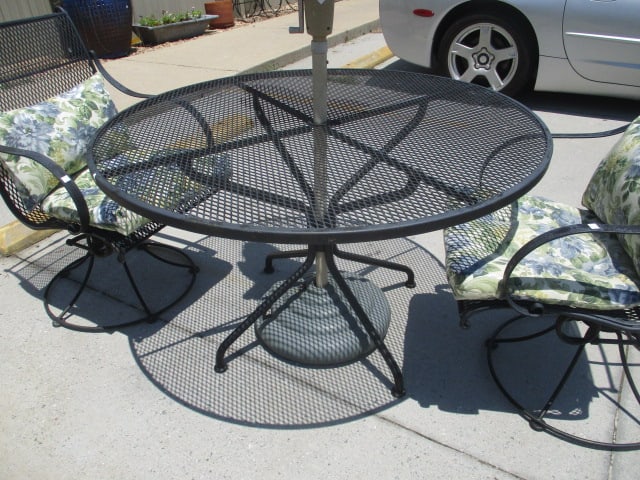 Black Metal Mesh Umbrella Table, Umbrella, Umbrella Stand, Pair of Bouncy Armchairs - 2
