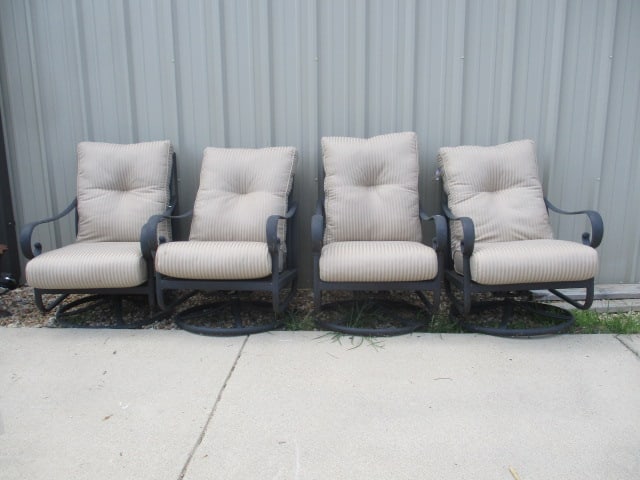 Four Bronzed Cast Metal Bouncy Swiveling Armchairs with Cushions: 26"w, Local Pickup Only