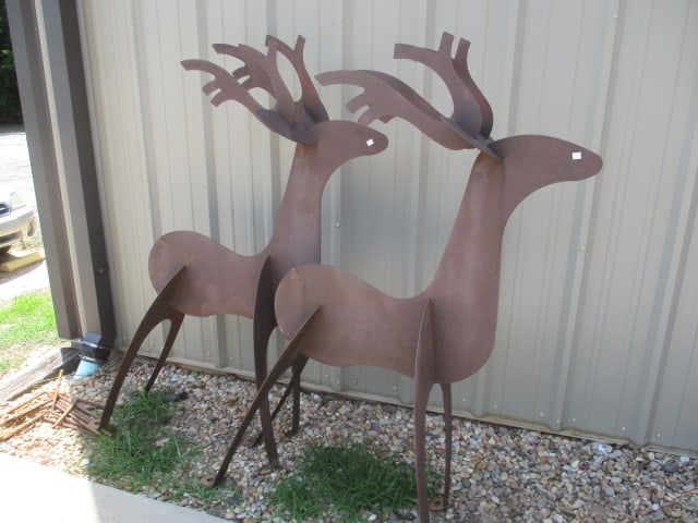 Pair of Cut Sheet Metal Reindeer: reindeer comes apart into 6 pieces for easy storage/transport, includes rebar tie-down stakes, missing tails, Local Pickup Only