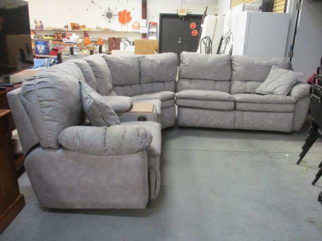 Like New Benchcraft 3 Piece Sectional Sleeper Sofa with Recliners: Grey Microfiber Sectional with Two Accent Pillows. Right side of sectional is queen sleeper sofa 72" long, corner section 60" across, left side double recliners with storage console armrest 66" long, 