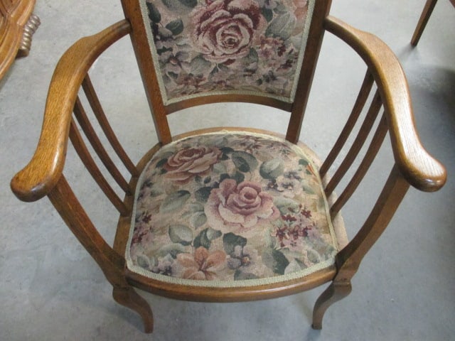 Vintage Tiger Oak Armchair with Floral Jacquard Tapestry Seat/Back - 2