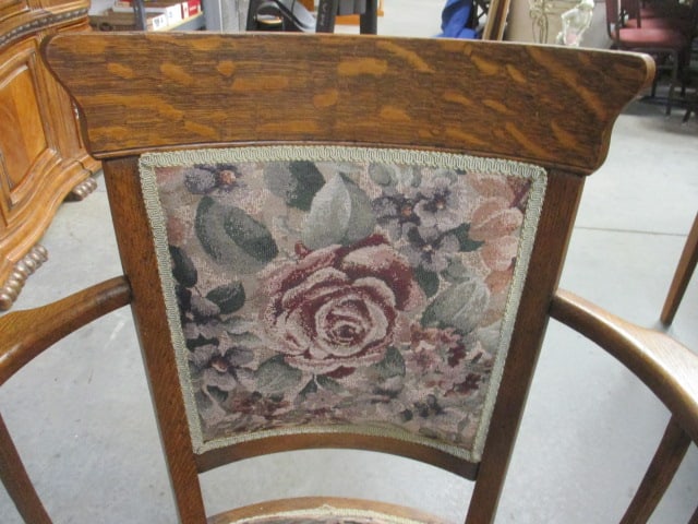 Vintage Tiger Oak Armchair with Floral Jacquard Tapestry Seat/Back - 3