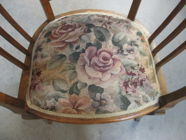 Vintage Tiger Oak Armchair with Floral Jacquard Tapestry Seat/Back - 4