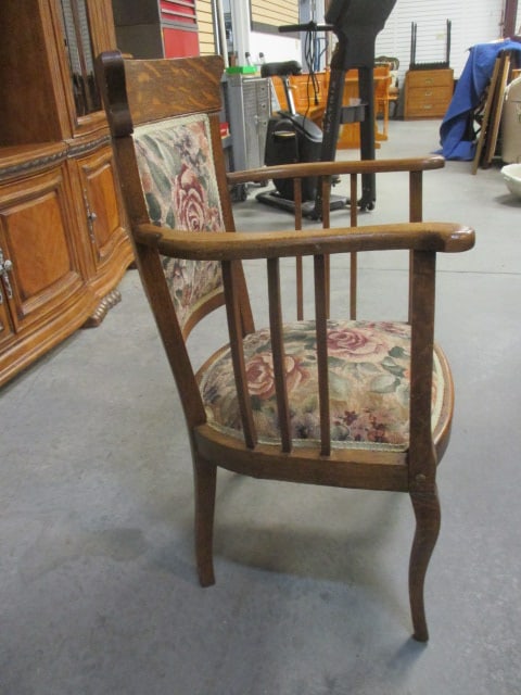 Vintage Tiger Oak Armchair with Floral Jacquard Tapestry Seat/Back - 5