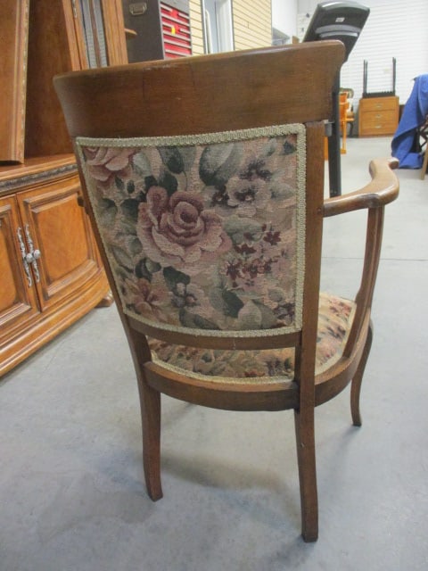 Vintage Tiger Oak Armchair with Floral Jacquard Tapestry Seat/Back - 6