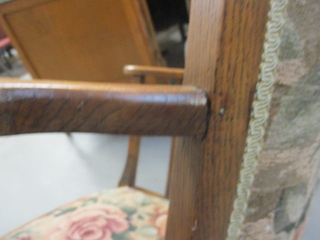 Vintage Tiger Oak Armchair with Floral Jacquard Tapestry Seat/Back - 9