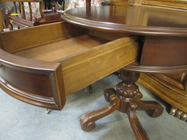 Carved Wood Drum Table with Drawer - 4