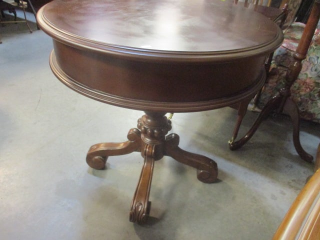 Carved Wood Drum Table with Drawer - 5