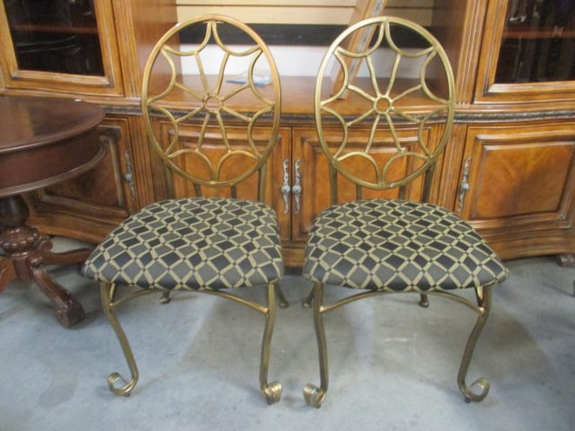 Pair of Golden Goose Spider-Back French Regency Style Metal Side Chairs with Black/Gold: Fabric Seats. 20 1/2"dia, Local Pickup Only