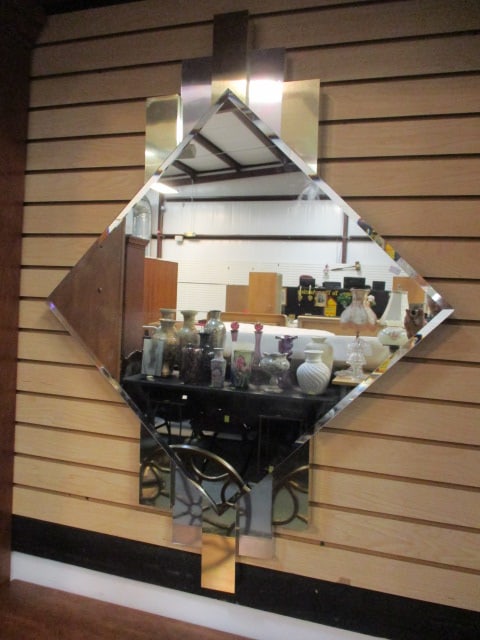 1980's Accessory Art Gold and Silver Panels with Beveled Edge Diamond Shape Central Mirror: 34" x 46", one tip of beveled mirror is chipped, Local Pickup Only