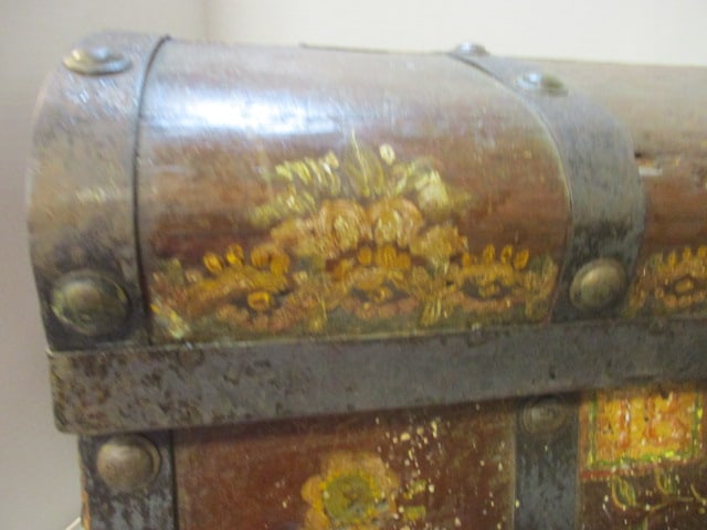 Antique Circa 1840 Handpainted Metal Strap Dome Top Wood Trunk - 10