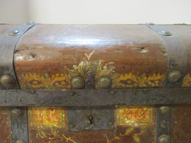 Antique Circa 1840 Handpainted Metal Strap Dome Top Wood Trunk - 11
