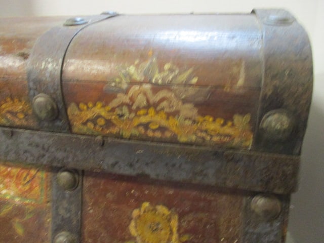 Antique Circa 1840 Handpainted Metal Strap Dome Top Wood Trunk - 12