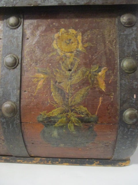 Antique Circa 1840 Handpainted Metal Strap Dome Top Wood Trunk - 13