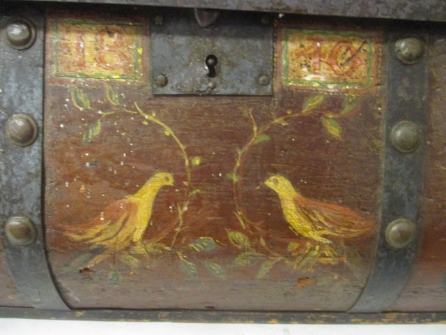 Antique Circa 1840 Handpainted Metal Strap Dome Top Wood Trunk - 14