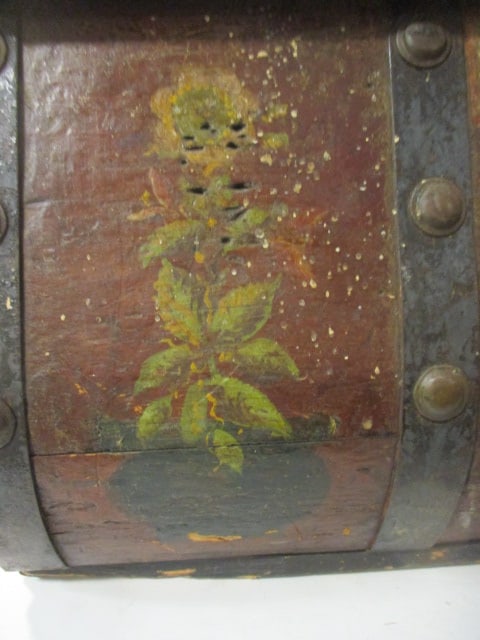 Antique Circa 1840 Handpainted Metal Strap Dome Top Wood Trunk - 17