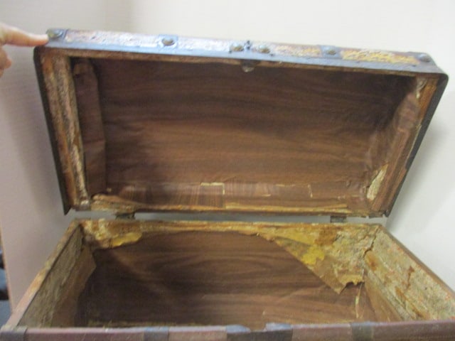 Antique Circa 1840 Handpainted Metal Strap Dome Top Wood Trunk - 18
