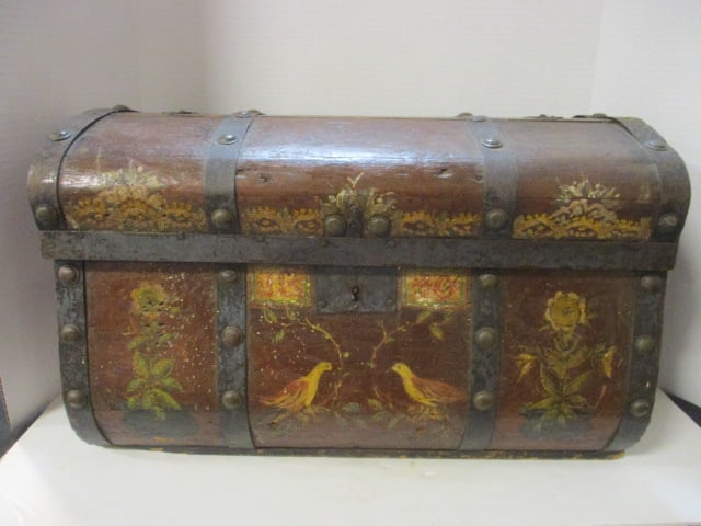 Antique Circa 1840 Handpainted Metal Strap Dome Top Wood Trunk (1 of 20)