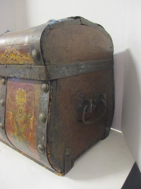 Antique Circa 1840 Handpainted Metal Strap Dome Top Wood Trunk - 2