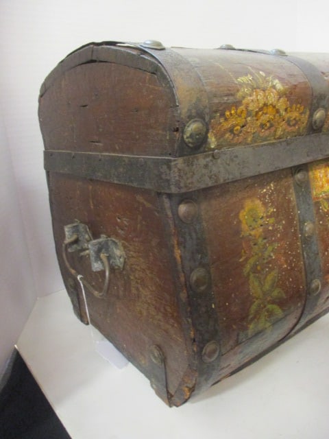 Antique Circa 1840 Handpainted Metal Strap Dome Top Wood Trunk - 3