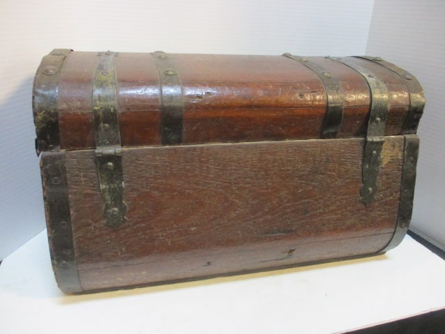 Antique Circa 1840 Handpainted Metal Strap Dome Top Wood Trunk - 4