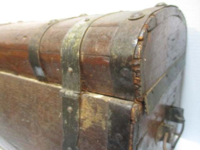 Antique Circa 1840 Handpainted Metal Strap Dome Top Wood Trunk - 5