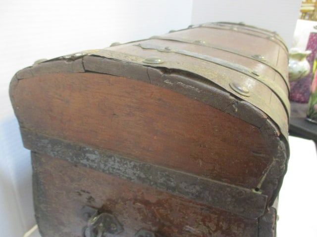 Antique Circa 1840 Handpainted Metal Strap Dome Top Wood Trunk - 8