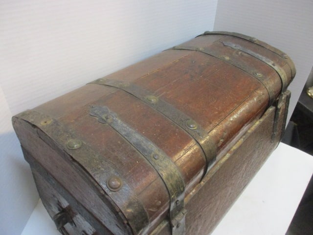 Antique Circa 1840 Handpainted Metal Strap Dome Top Wood Trunk - 9