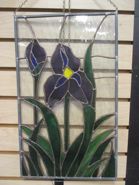 Iris Design Leaded Stain Glass Panel: 10" x 16 1/2"(not including hanging chain)