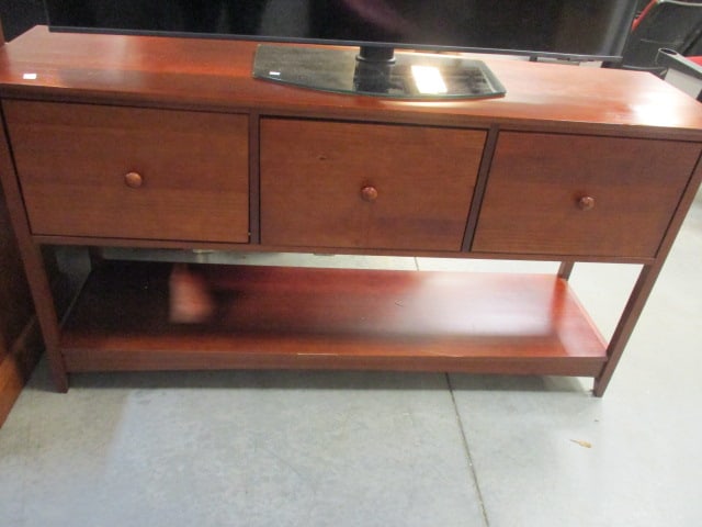 Cherry Tiered 3 Drawer Console: 62" x 17" x 32 1/2", two drawers have rods for hanging files, some scuffs, Local Pickup Only