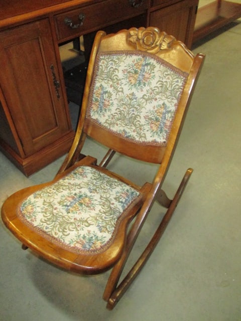 Wood Folding Rocking Chair with Tapestry Seat/Back: 17"w, Local Pickup Only