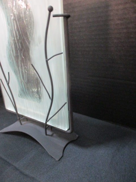 Contemporary Modern Art Glass Tabletop Sculpture Vase in Black Metal Twig Look Stand - 2