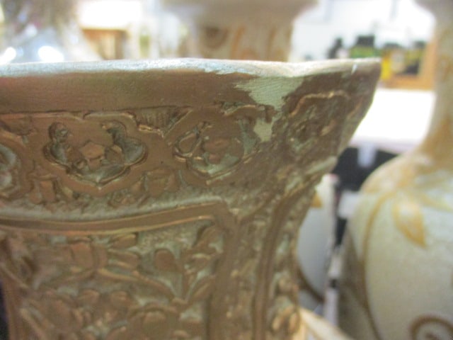 Large Gilt Chinoiserie Scene in Relief Chalkware Vase - 10